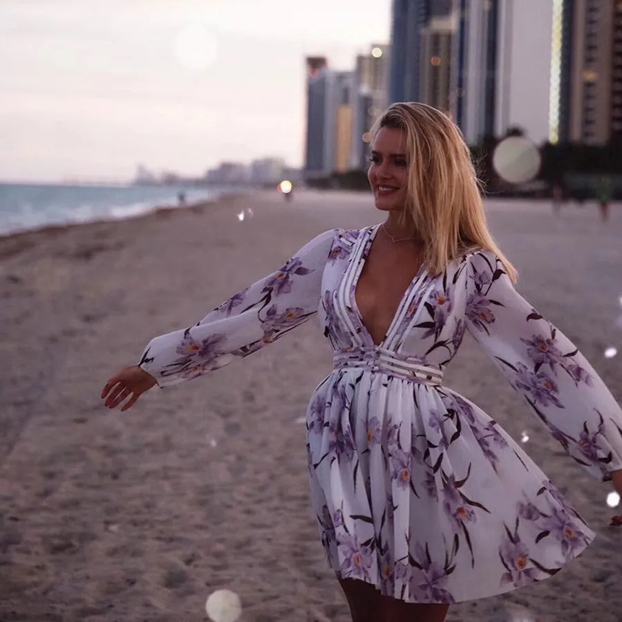 Moda-2019 Primavera donna Abito sexy con scollo a V abiti vocazione e miniabito da spiaggia viola manica lunga abito da festa a vita alta allentato
