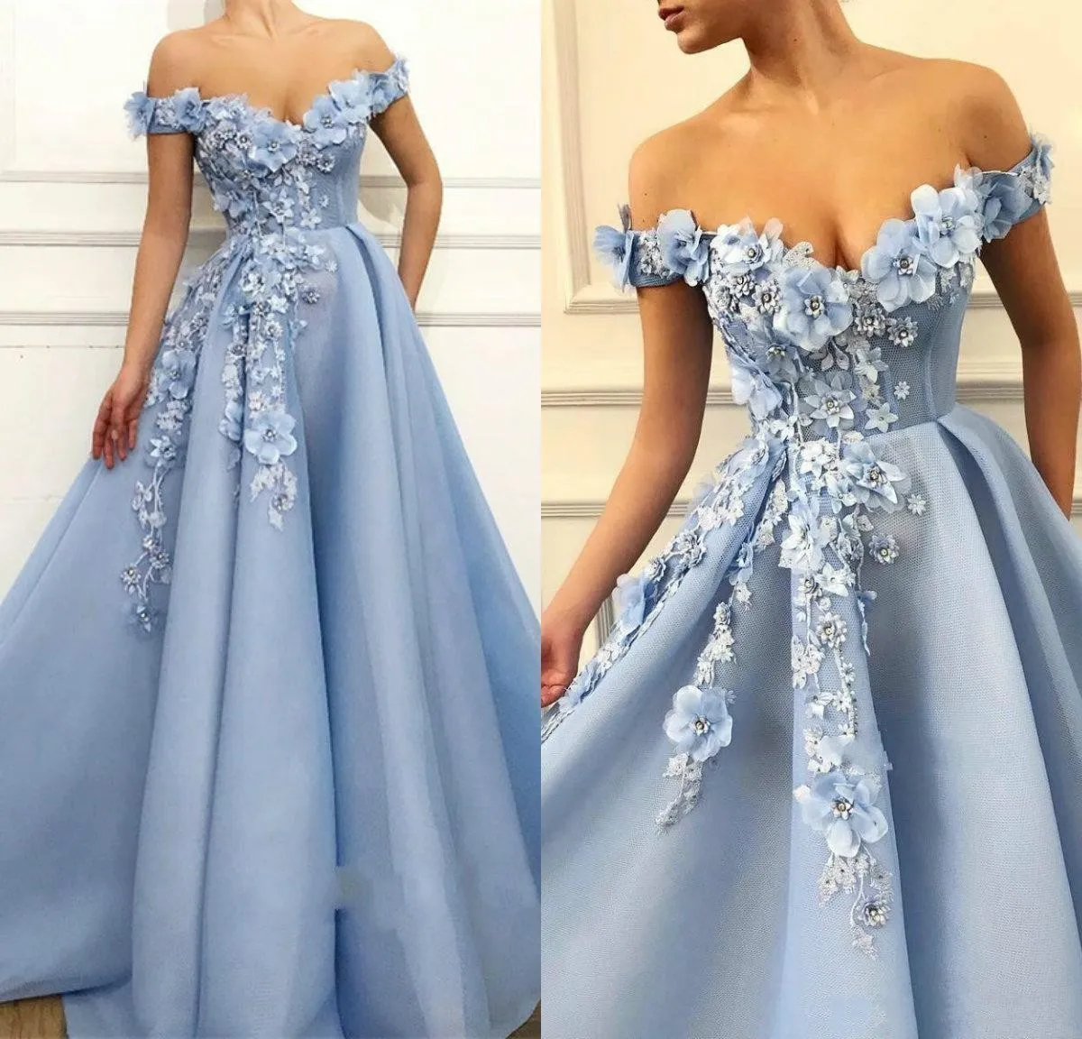 2019 elegant blå prom klänningar spets 3d blommig appliqued pärlor kväll klä en linje utanför axeln anpassade speciella tillfälle klänningar