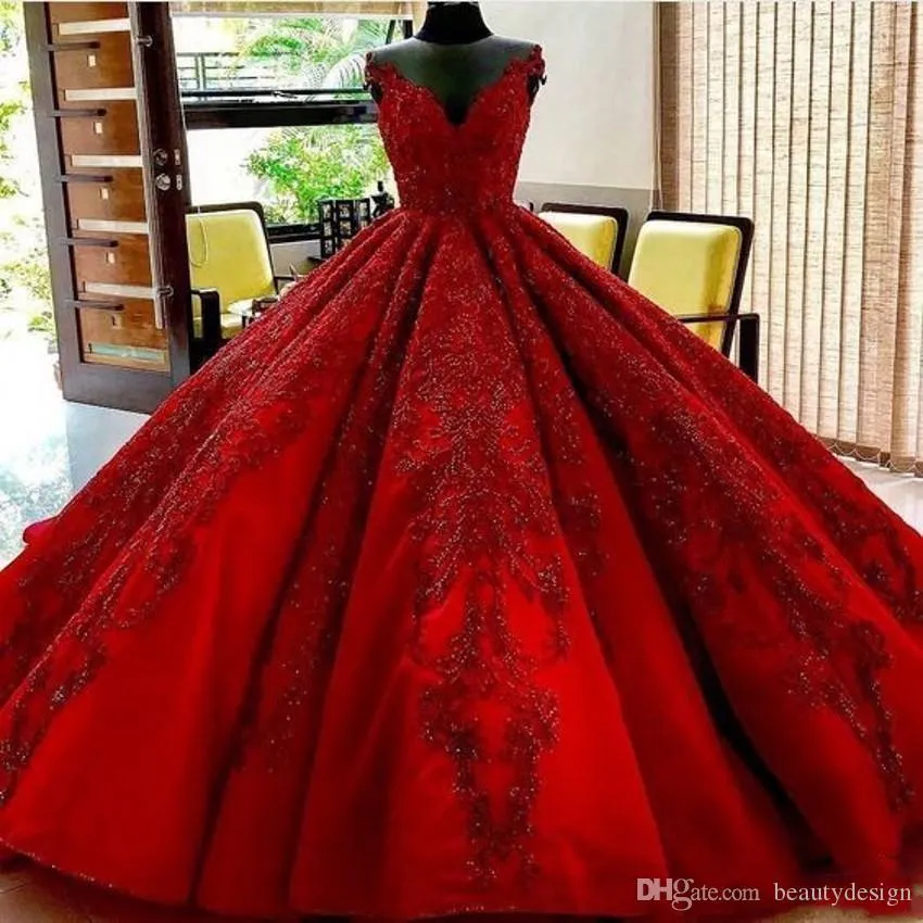 Red Ball Gown Bridal Gown Train Applique Prom Party Dress • tpbridal