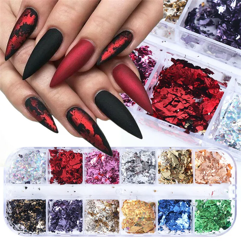 12 Grid Nail Glitter Powder Sequins Kit Aluminum Gold Flakes Pigment Nails Art Stickers Decorations Mirror Foil Paper