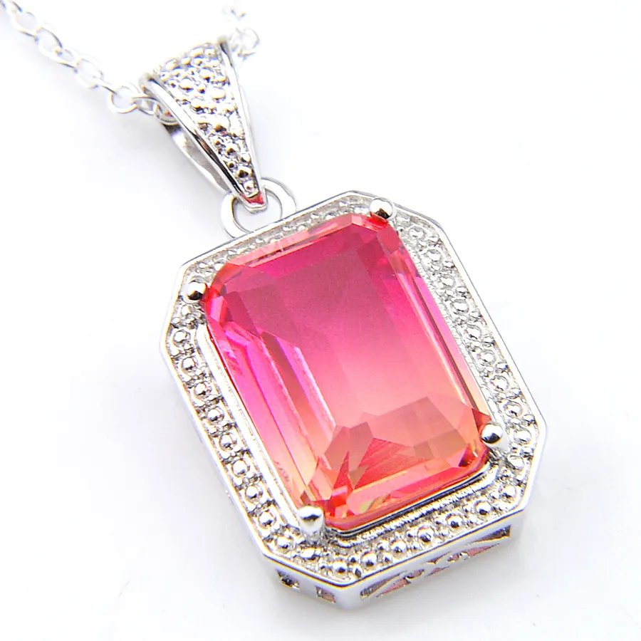 Luckyshine 12 Pcs Square Bi colored Tourmaline Gems Pendants 925 Sterling Silver Necklaces Christmas Wedding Holiday Gift 4 Color