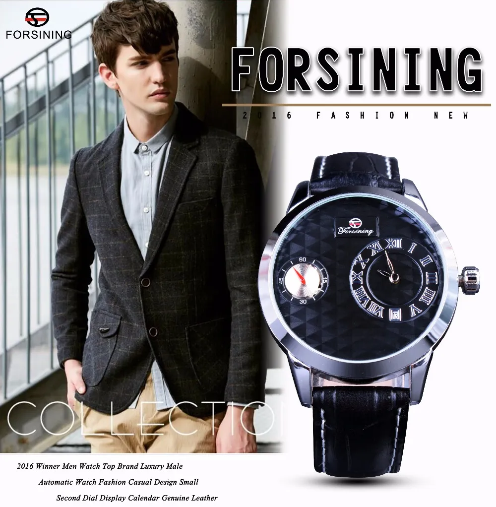 ForSining Small Dial Watch Second Hand Display Osk Desig Mens Watches Top Brand Luxury Automatisk klocka Fashion Casual Clock Me236G