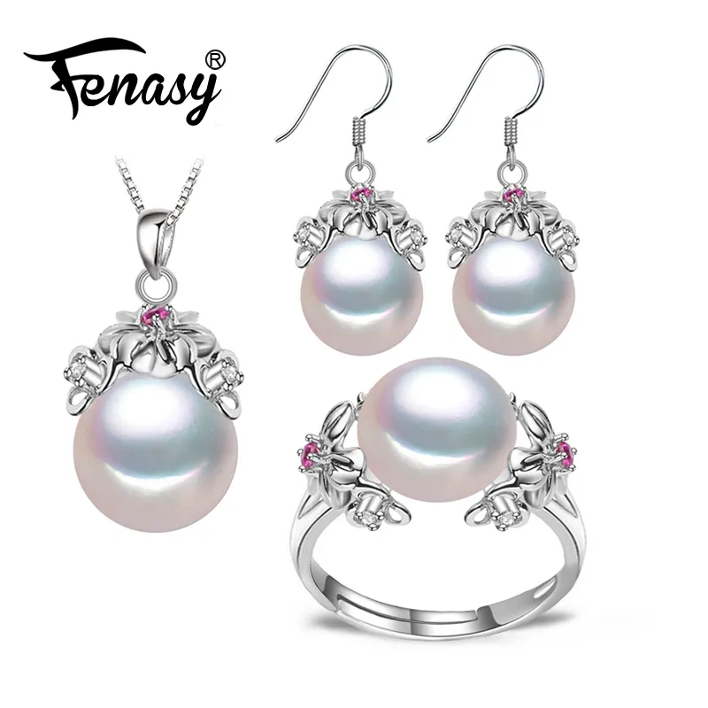 Fenasy 925 Sterling Silver Natural Pearl Ruby Jewelry Sets For Women Vintage Dangle Earrings Bohemian Flower Necklace J190718