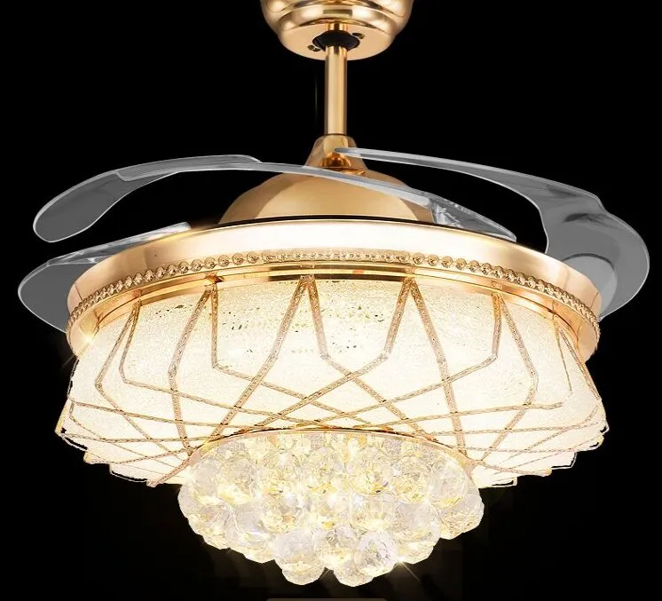 Modern Alloy Crystal LED Ceiling Fan Light Invisible LED Light Electric Fan Chandelier Retractable Belt Folding pendant lamp For Bedroom MYY