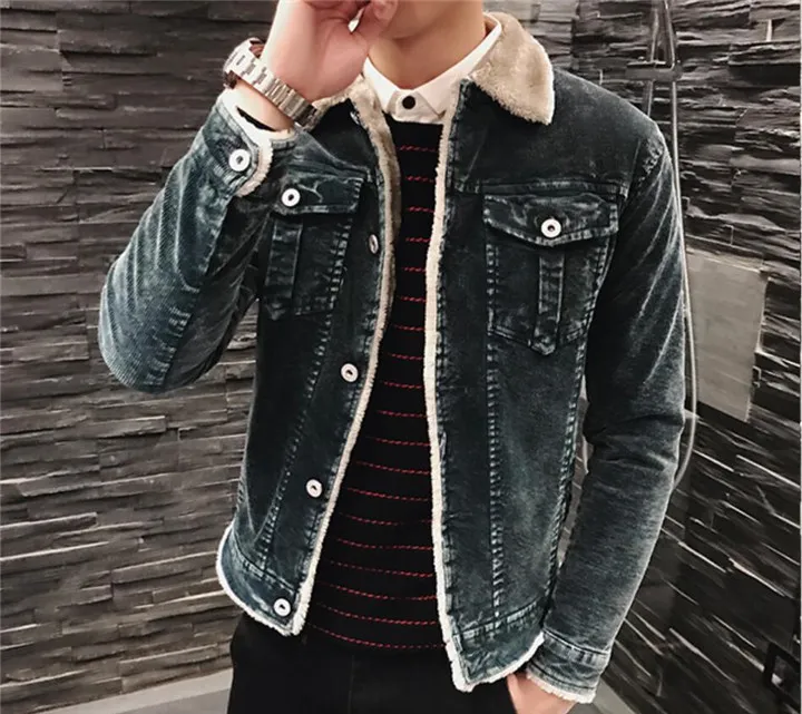 Stylish Mens Black Denim Warm Jackets For Men With Thick Wool And