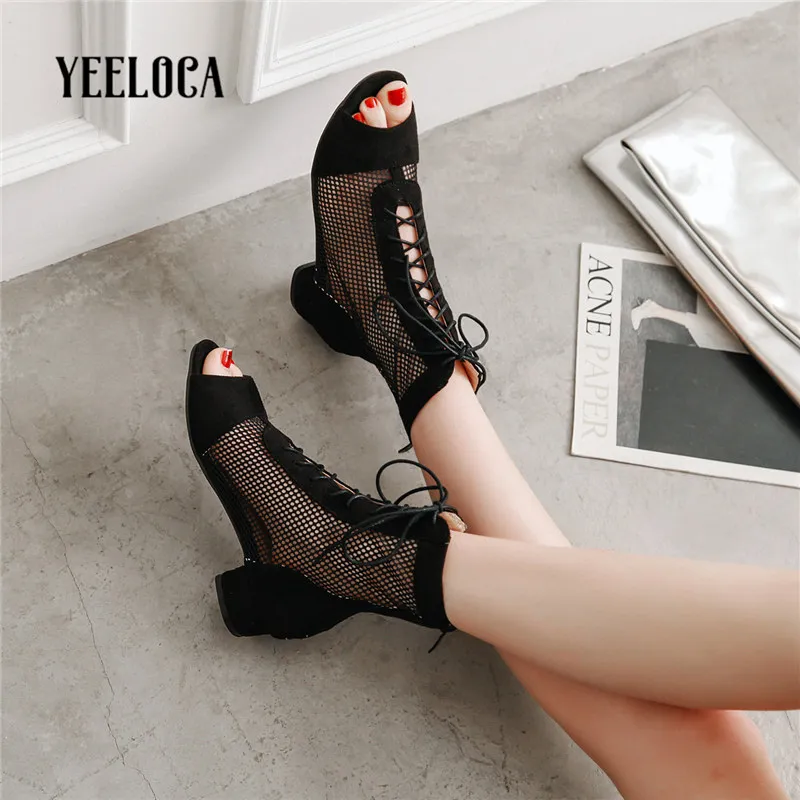 YEEELOCA 2019 Boots d'été Femmes Bottes de cheville Mesh Point Toe Open Toe Black Sexy Square Talon Sangle de la cheville Talon Low Talon