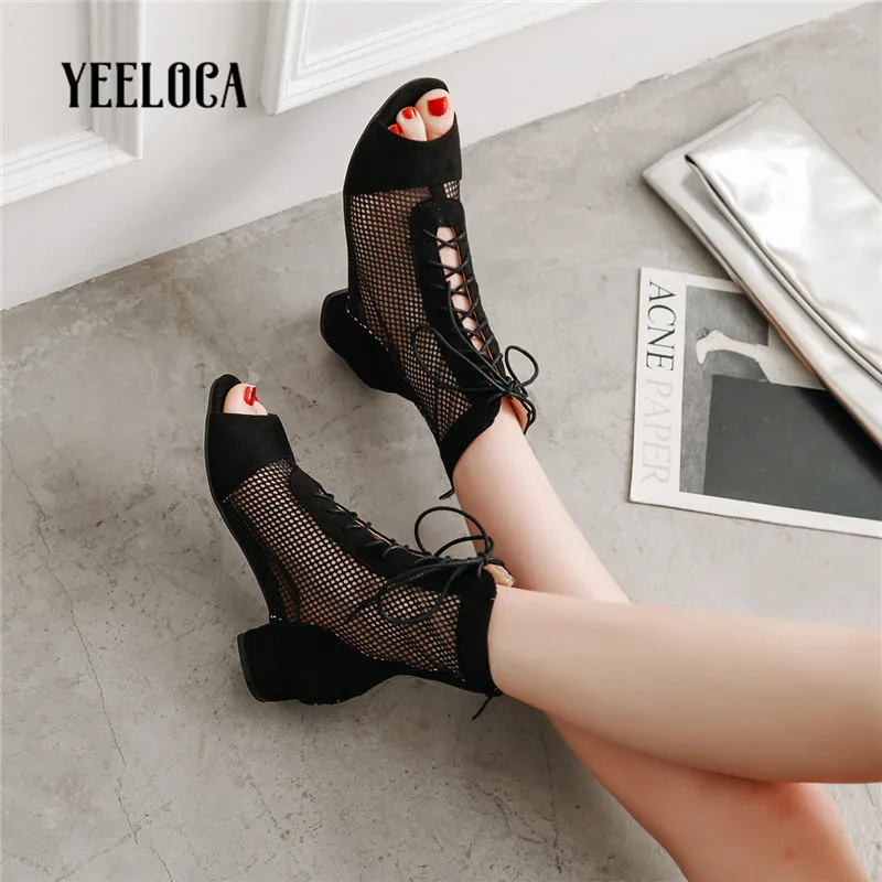 Yeeloca 2019 Summer Boots Women Buto Boots MESH INTEK TOE Otwarty palca czarny seksowny kwadratowy pięt