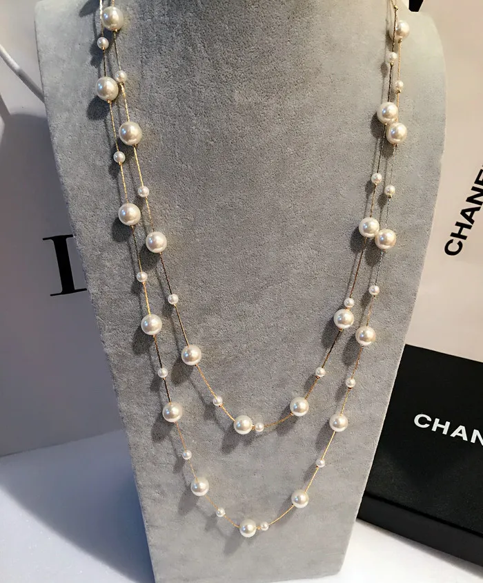 Autumn winter Korean version classic style pearl sweater chain long gold and silver double layer statement necklace woman264i