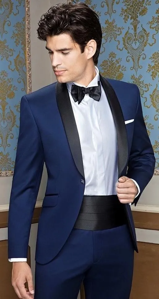 Fashion One Button Blue Groom Tuxedos Shawl Lapel Men Suits 2 pieces Wedding/Prom/Dinner Blazer (Jacket+Pants+Tie) W918