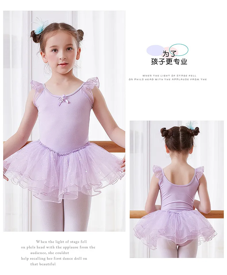 Ballet Ballet saia meninas mangas Dança Vestido lantejoulas algodão saia tutu Bow Exercício Roupa Dancewear Infantil