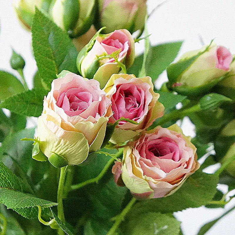 5 pièces/lot branche unique 4 têtes boutons de roses fausses fleurs pour la décoration de la maison accessoires de photographie mur de fleurs de mariage couronne de fleurs Roses