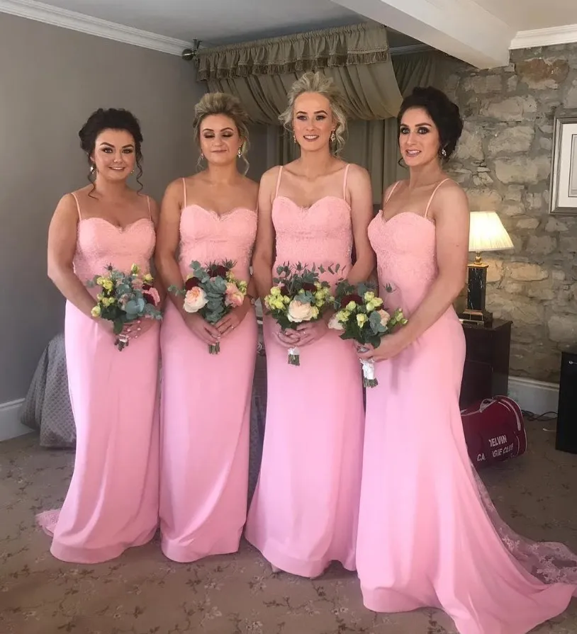 Cheap Pink Long Bridesmaids Dresses 2020 Beaded Lace Applique Maid Of