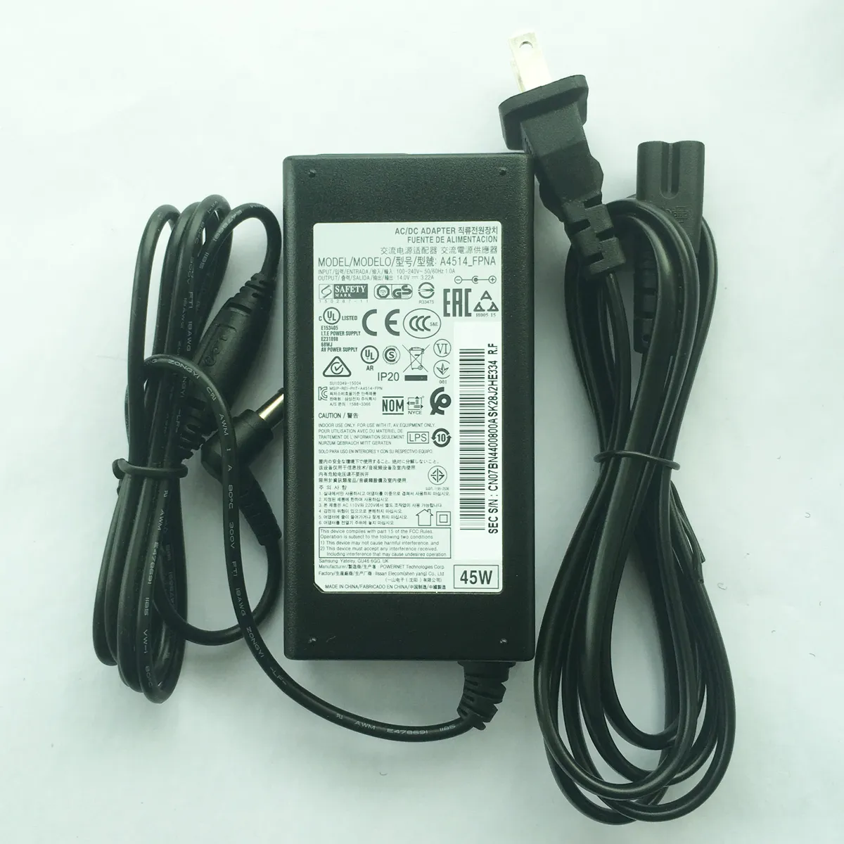 AC Adapter 14V 3.22A 45W for Samsung LED Monitor with 6.5x4.4mm DC Pin ...