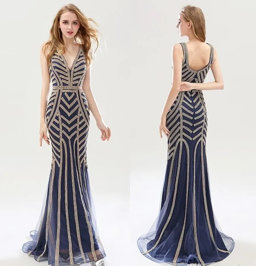 Hot Selling Beauty Beading Mermaid Evening Dresses Sexy Tulle V-Neck Long Women Important Party Dresses Luxury Golden Prom Gowns HY02