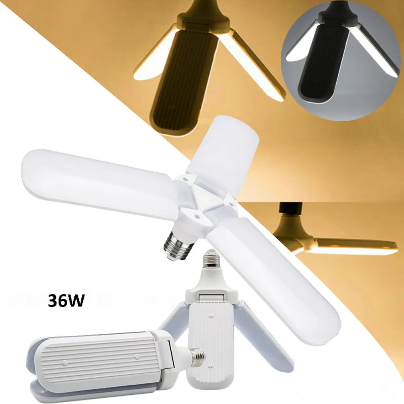 Lampadina LED E27 36W Luce pieghevole per garage Pale del ventilatore pieghevoli super luminose Lampada da soffitto regolabile ad angolo Luci a risparmio energetico per la casa bianco freddo