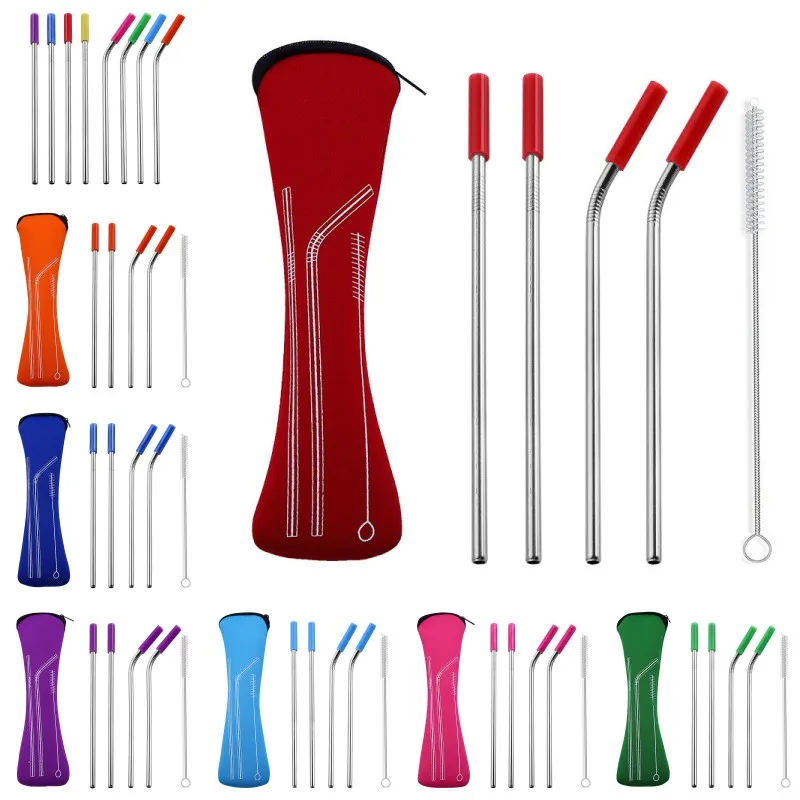 Ensemble de paille réutilisable en acier inoxydable brosse de nettoyage de paille pliée droite 6 pièces/ensemble paille de jus avec sac de rangement en néoprène de voyage