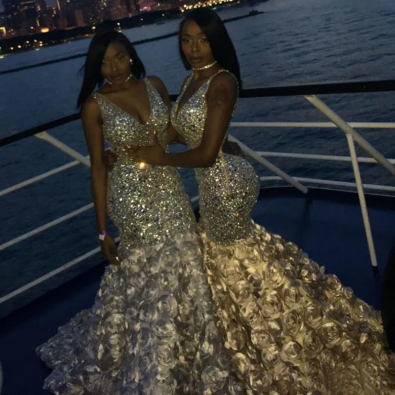 Bling Bling Gold Lace Mermaid Prom Dresses Sexy Deep V Neck Beads Crystals 3D Floral For Black Girls African Evening Dresses Plus Size