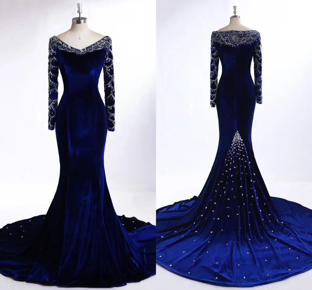 2021 Robe en velours bleu Robes de soirée avec manches longues en V sirène perle à baies ouverte robes de bal robes formelles robes de soirée