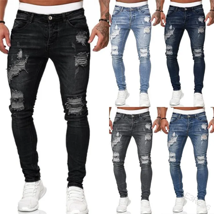 Jeans masculinos 5 cores homens rasgados angustiados buracos high street clássico preto azul cinza calças de denim splice lápis esbelto