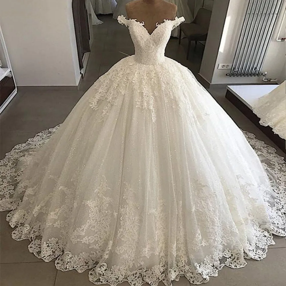 Real Images 2020 Luxury Appliques Lace Ball Gown Wedding Dresses Off Shoulder Chruch Bridal Dress Lace Up Back Wedding Gowns robes de mariée