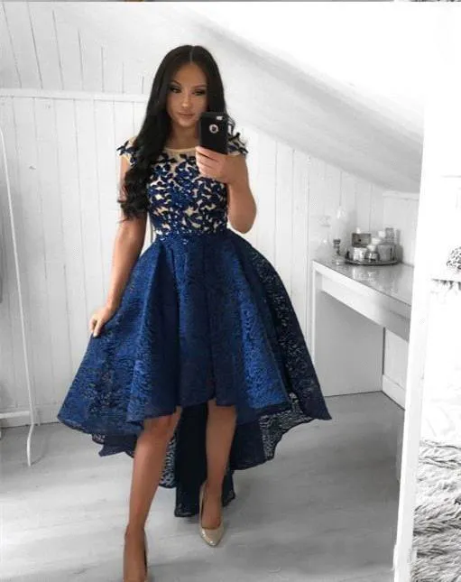 Navy Blue Cocktail Dresses A Line Crew Neck Lace High Low Prom Dress Short Party Arabic Evening Gowns Vestidos2734