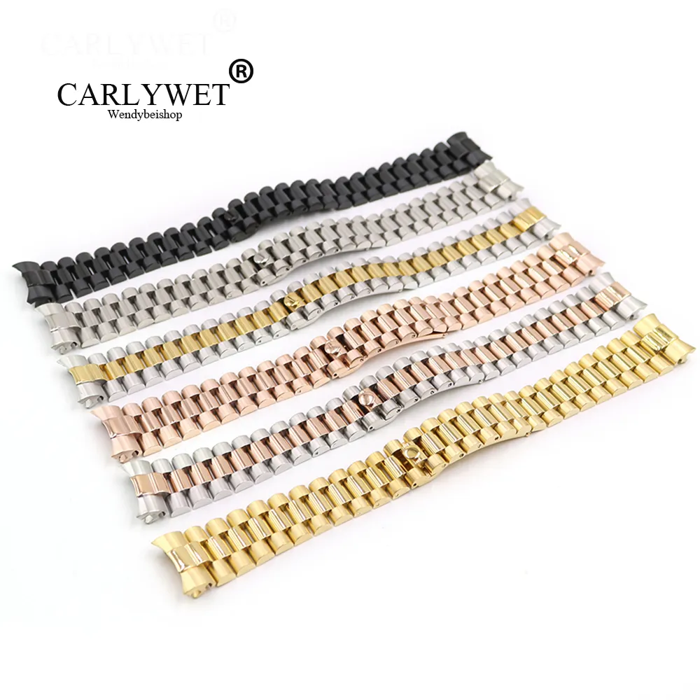 CARLYWET 316L Wrist Watch Band Bracelet Strap For President Stainless Steel Solid Curved End Screw Links Replacement