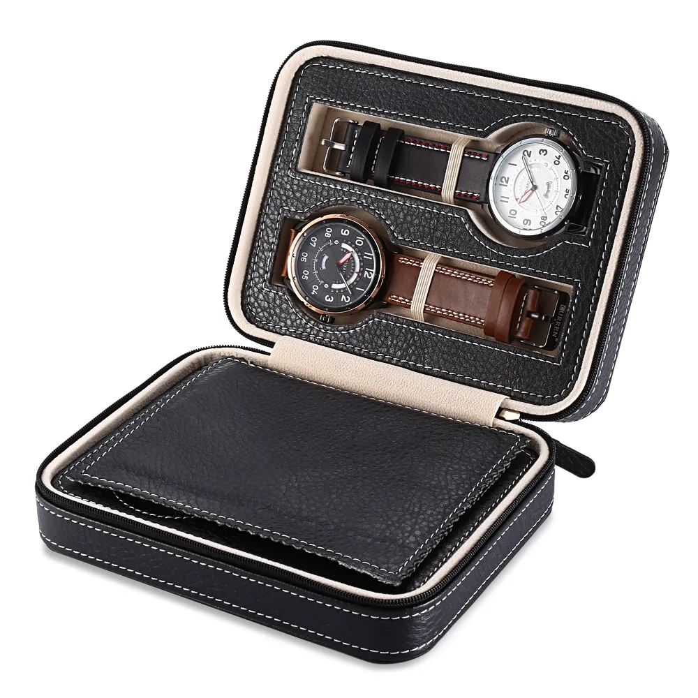 Custodia da viaggio in pelle PU a 4 griglie Custodia da viaggio con cerniera Scatola per orologi da polso Supporto per organizer per orologi Orologi Contenitori per gioielli Display