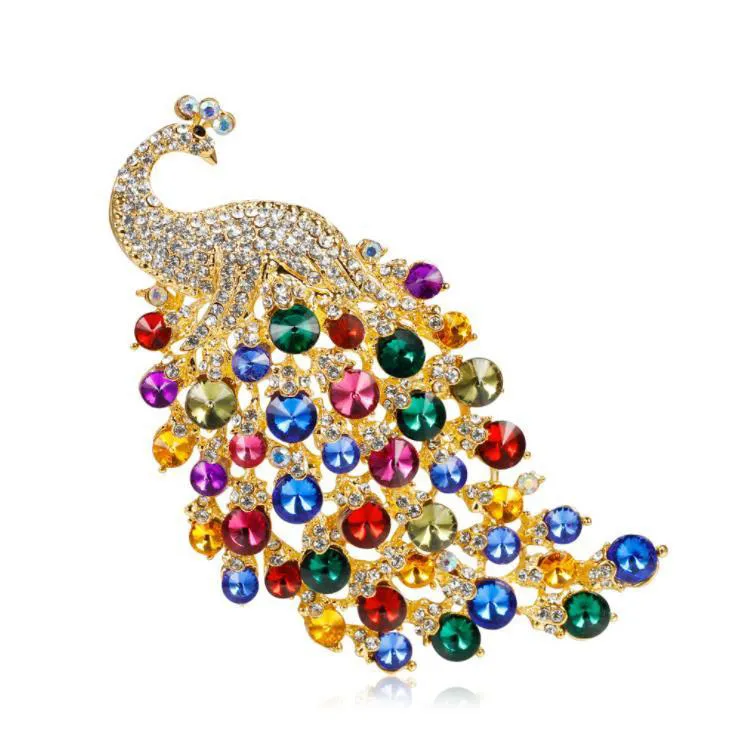 Large Personality Female Peacock Brooch Bridal Wedding Jewelry Full Crystal Peacock Corsage Colorful Animal Bird Brooches Pins