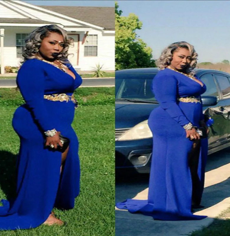 Royal Blue Plus Storlek Prom Klänningar Lång V Nacke Mermaid Sydafrika Evening Klänningar Långärmade Guld Appliques Fashion Fat Women Sexy 2019