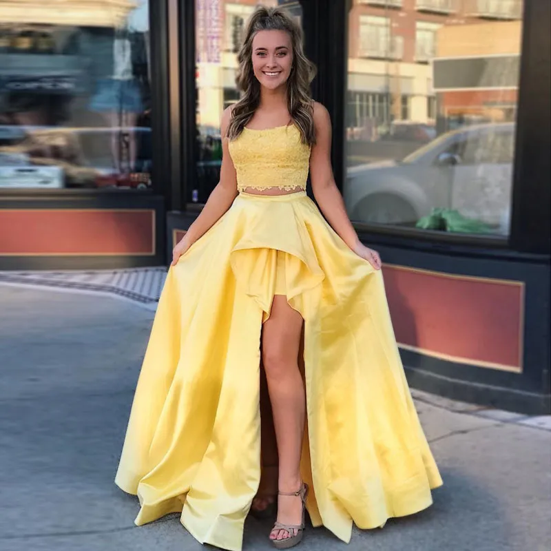 Yellow Two Pieces Lace Prom Dresses Scoop Neck A Line Side Split Evening Gowns Plus Size Floor Length Satin Formal Dress