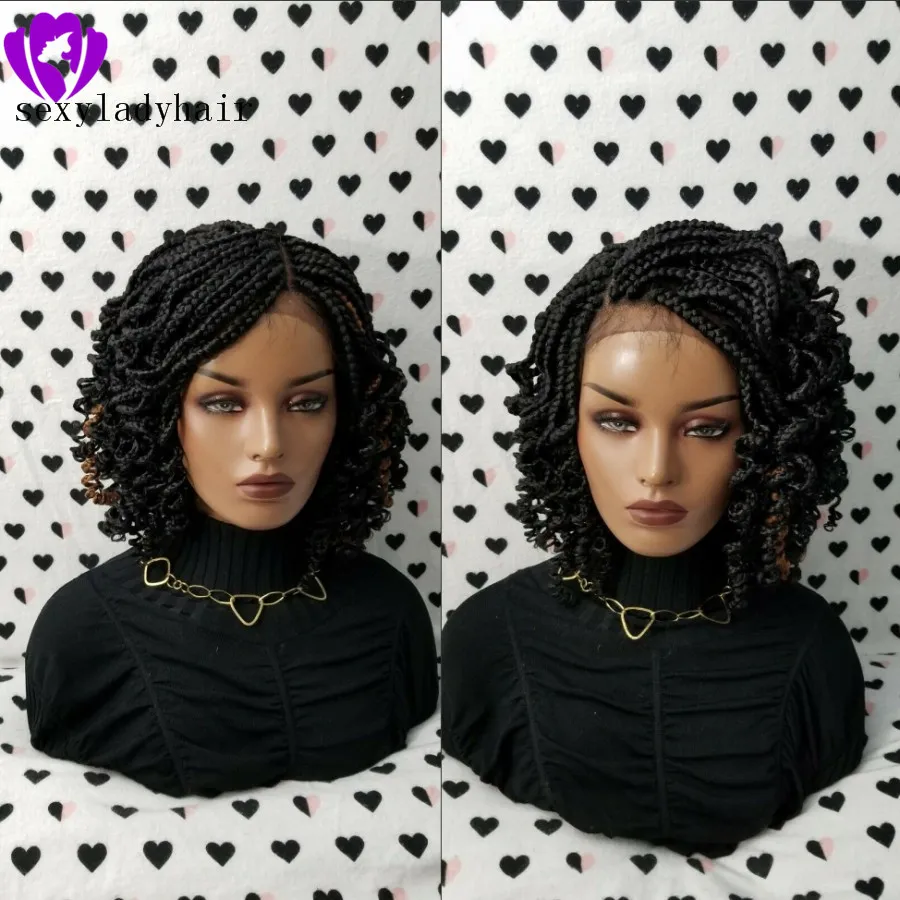 Top qualidade 1b micro trança preta com frente pontas encaracoladas rendas sintético perucas curta trançada peruca de cabelo resistantr calor preto para a mulher preta