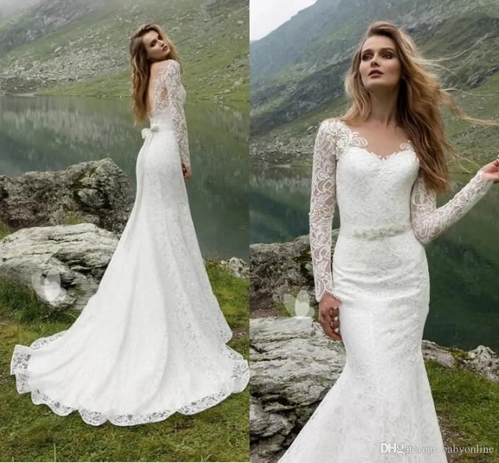 Novos vestidos de casamento de renda moderna manga longa sem encosto verão jardim país vestios de frisado vestios de novia