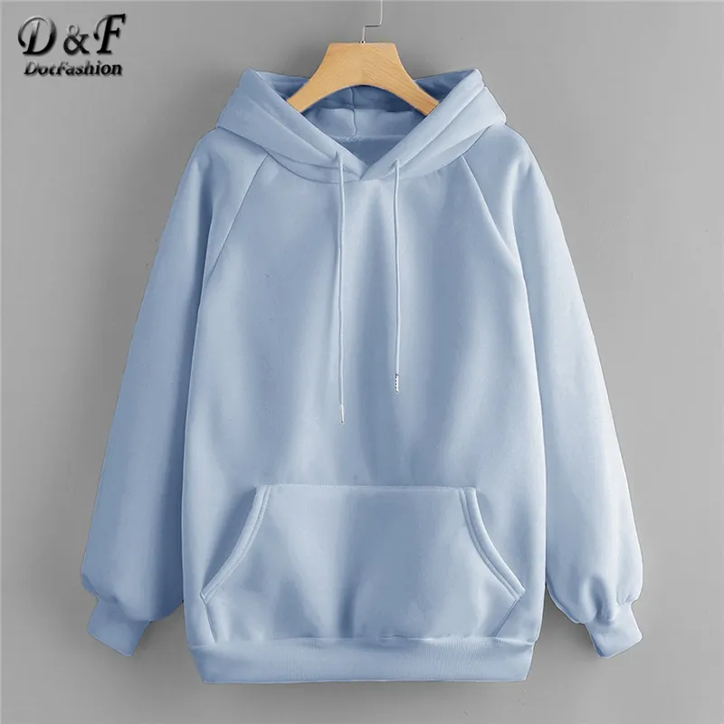 Dotfashion Blue Pocket Drawstring Detail Solid Hoodie Women Casual Clothing  Autumn Plain Long Sleeve Hooded Pullovers Sweatshirt