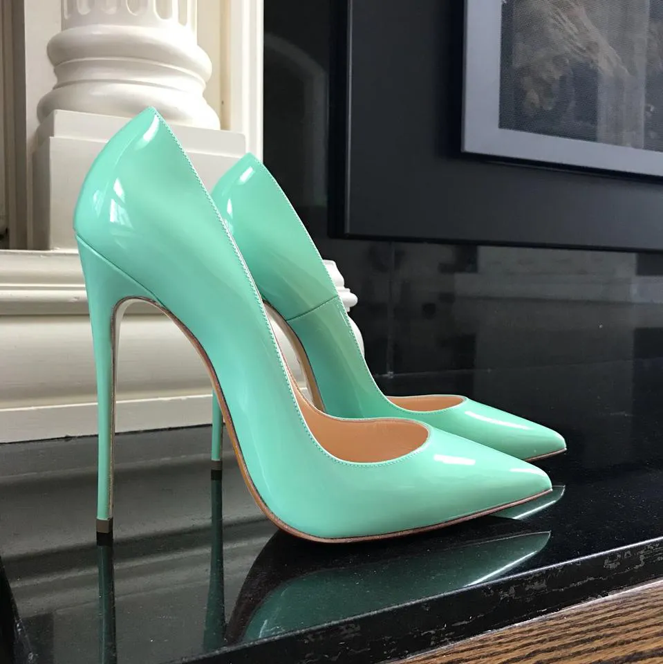 Zapatos de mujer sexy de diseñador informal, zapatos de tacón alto con punta de charol verde, tacones para mujer, boda, 12cm, 10cm, 8cm, talla grande 44