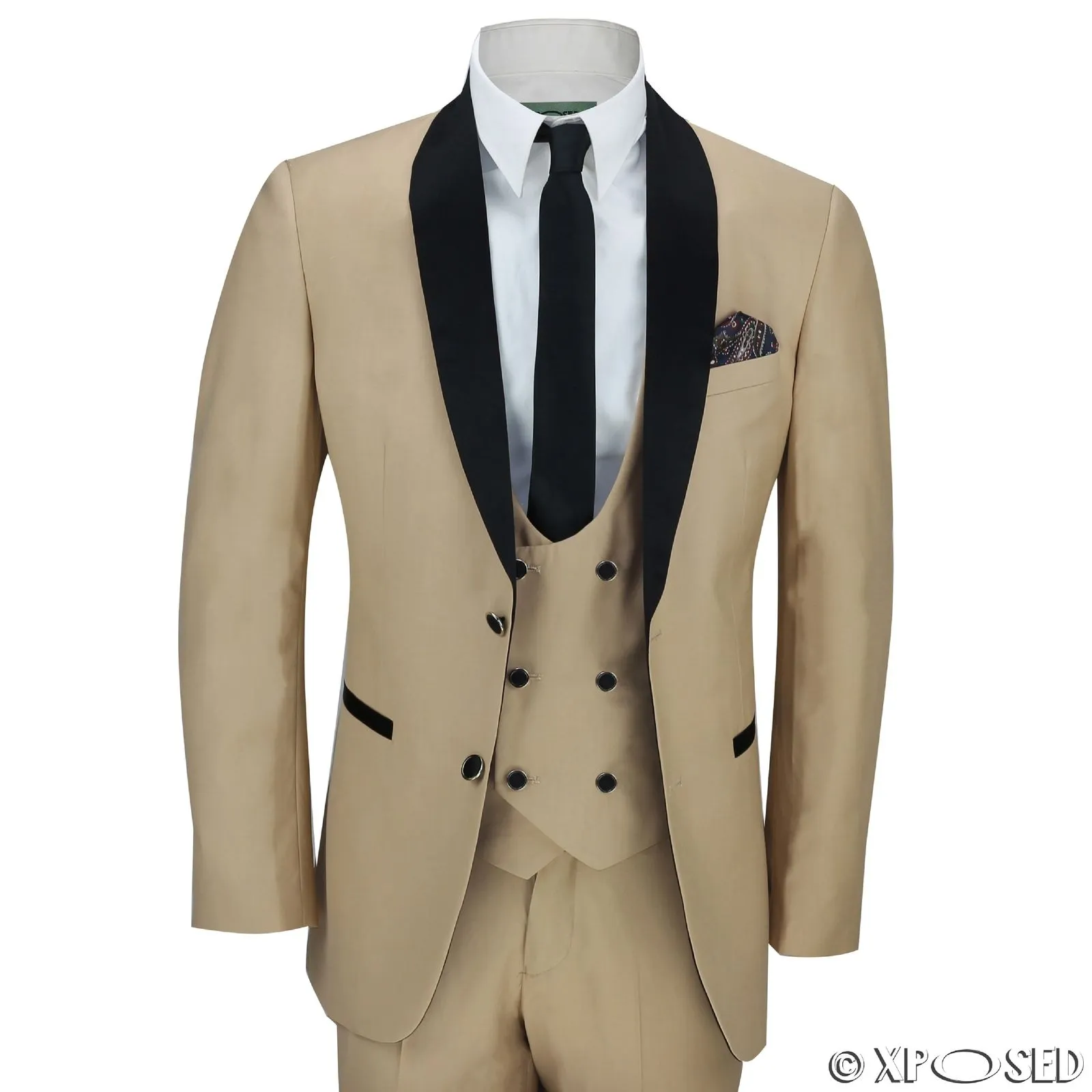 Bej Damat Smokin Siyah Şal Yaka Erkekler Düğün Smokin Popüler Erkekler İş Yemeği Balo Blazer 3 Parça Suit (Ceket + Pantolon + Kravat + Yelek) 1050