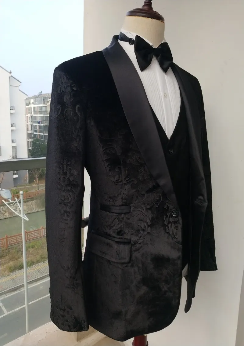 Nieuwe Flanel met Patroon Bruidegom Tuxedos Sjaal Revers Mannen Business Suits Wedding Prom Diner 3 Stuk Dikke Blazer (Jack + Pants + Vest + Bowtie) W518