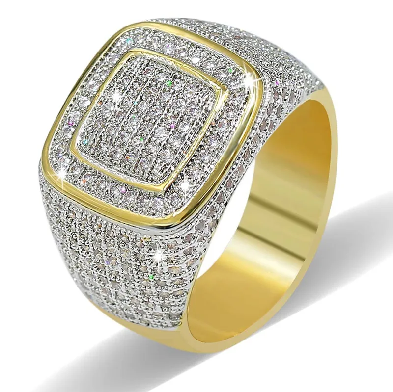 Mens Rings Hip Hop Jewelry Iced Out Diamond Ring Micro Pave CZ Yellow Gold Plated Ring Nice Gift for Friend217b
