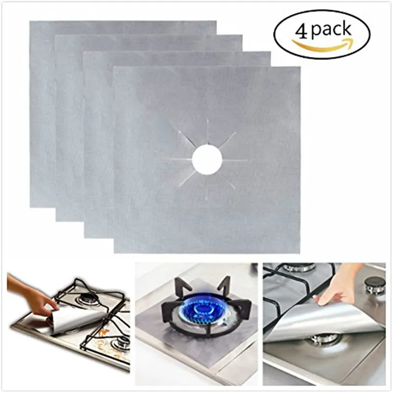 4-Pack Gaz Aralığı Koruyucular - Gümüş / Gri Gaz ocağı Brülör Koruyucu Liner Kapak Temiz Mat Pad - Yeniden kullanılabilir, Non-Stick, Bulaşık makinesi Güvenli, Kolay