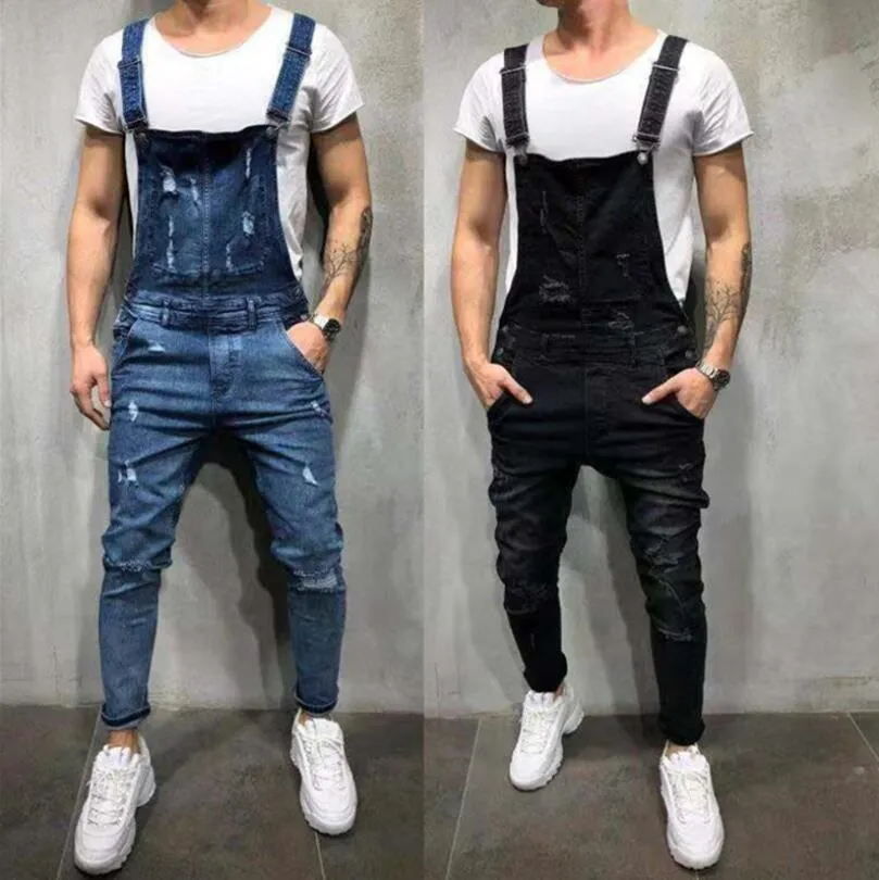 Fashion Mens Ripped Jeans Jumpsuits Hole Denim Bib Overalls For Man Designer Bike Jean Free Shipping