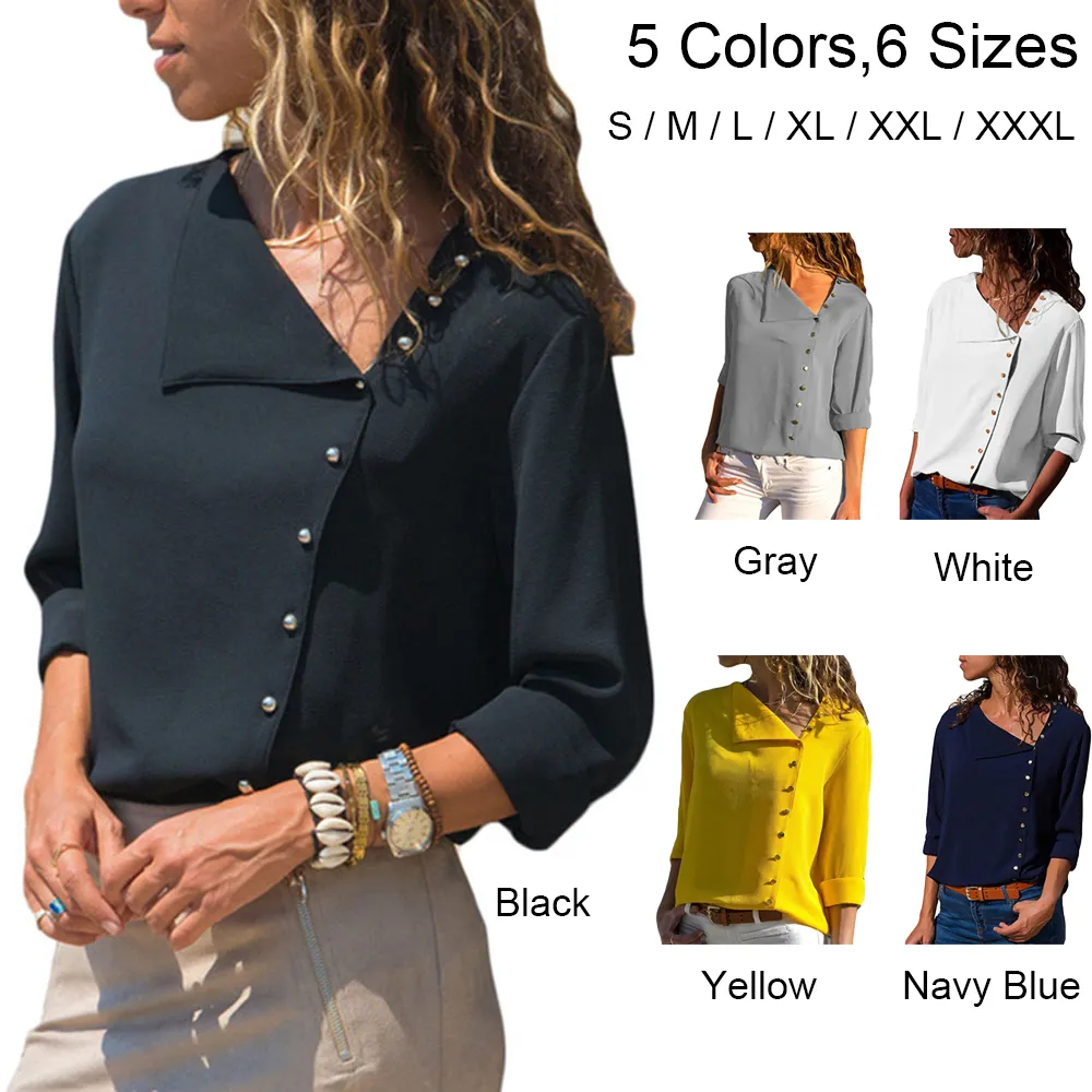 Şifon Bluz Moda Uzun Kollu Bayan Bluz ve Eğ Yaka Katı Ofis Gömlek Casual blusas Chemise Femme Tops