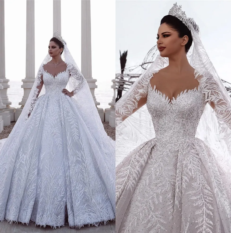 Arabic Sheer Long Sleeves Lace Ball Gown Wedding Dresses Applique Beaded Chapel Train Bridal Wedding Gowns robe de mariee cph031