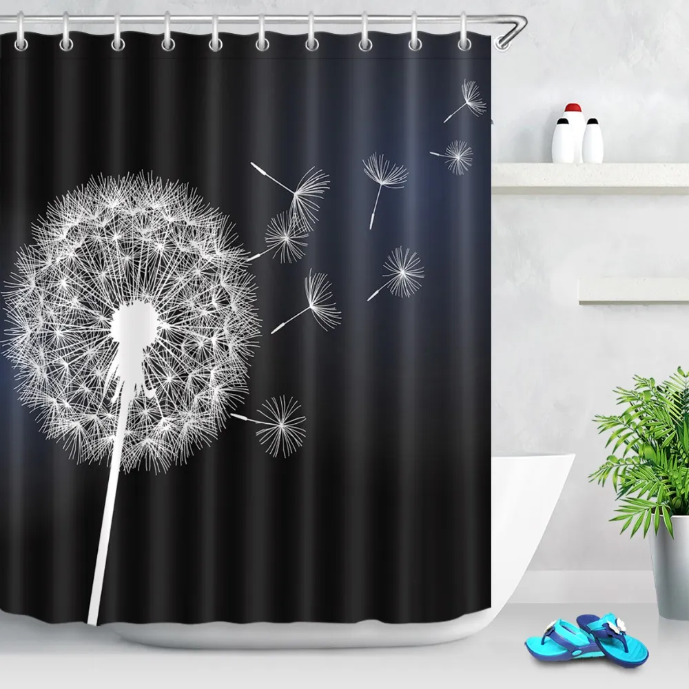 LB 180 * 180 blomma maskros vit på svart dusch gardiner tvättbar badrum gardin blommig tyg polyester för badkar dekor