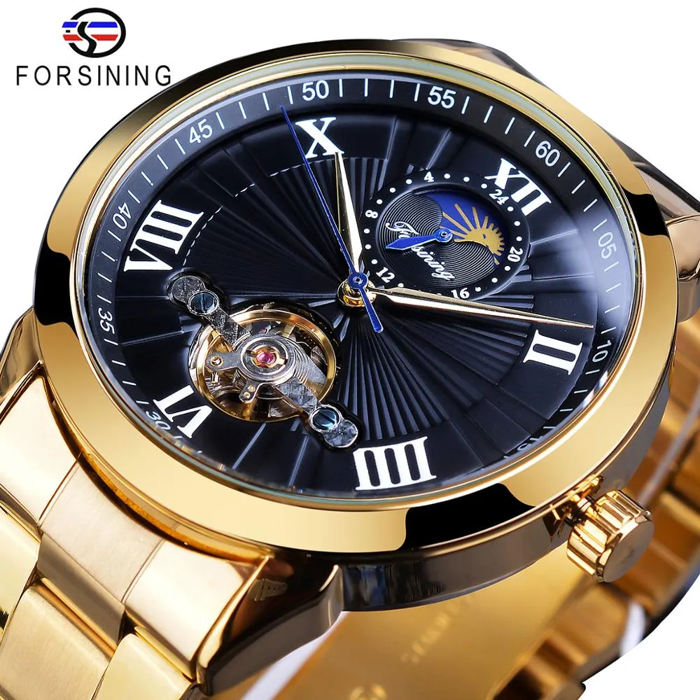 Forsining Män Rostfritt stål Tourbillion Design Black Moon Phase Dial Mens Automatic Mechanical Wrist Klockor Top Brand Luxury