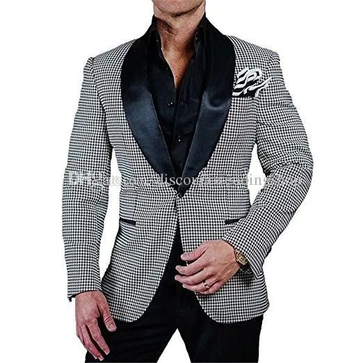 Nieuwste Design Houndstooth Sjaal Revers Bruiloft Bruidegom Tuxedos Heren Party Prom Dress Man Work Business Suits (Jack + Pants + Tie) K26
