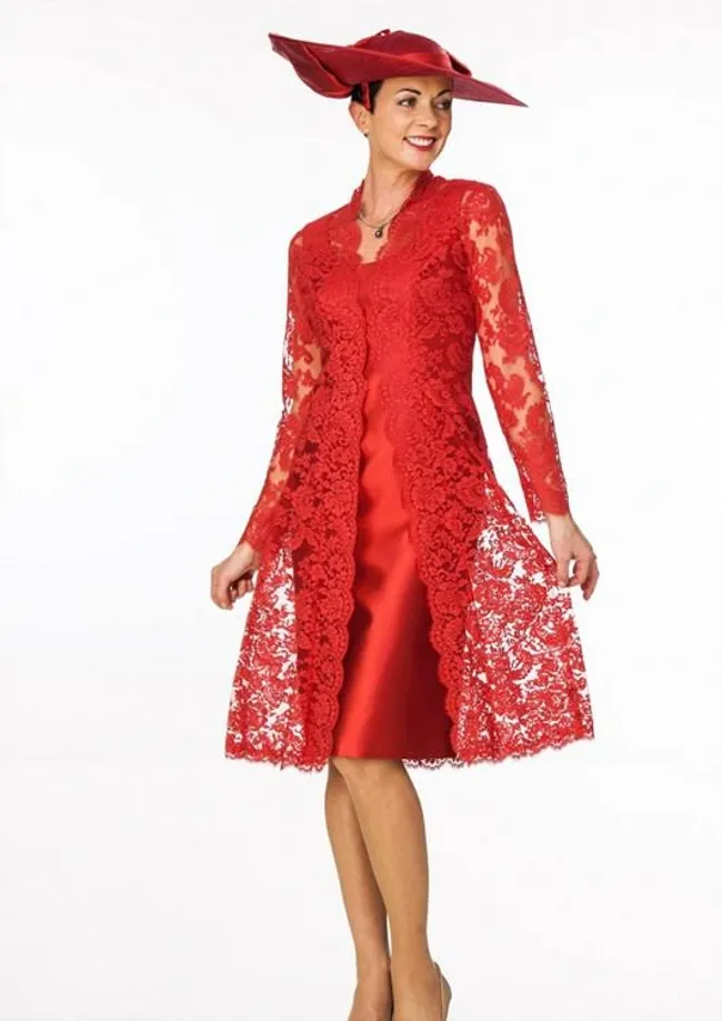 Sheath Red MMother Of The Bride Suits Two Pieces With Long Lace