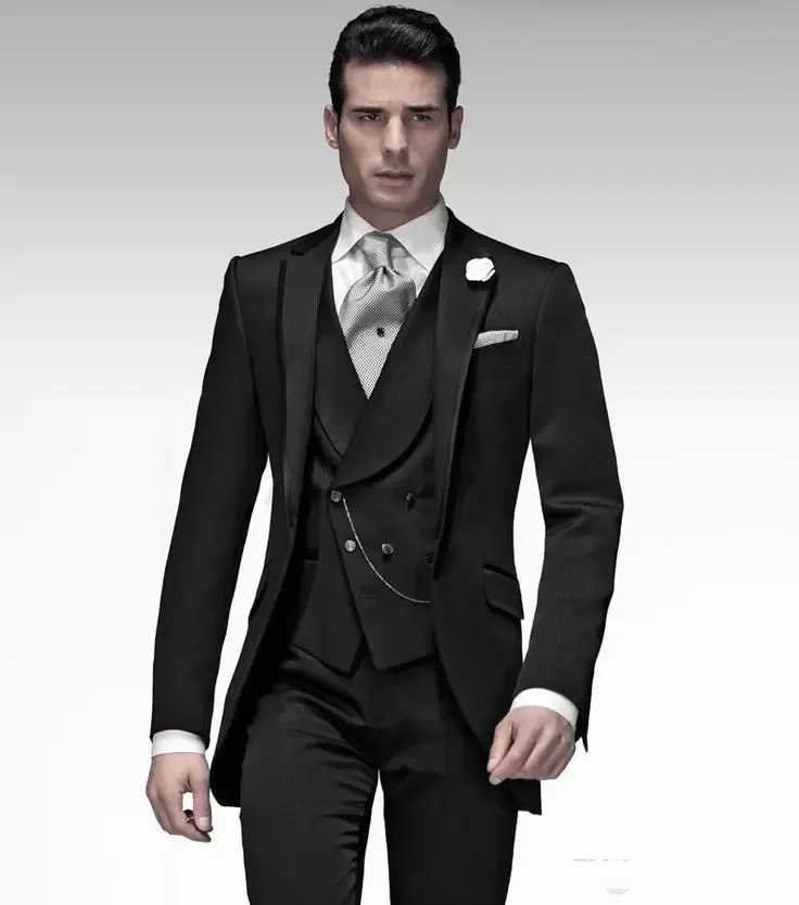 Moda Masculina Preto Wedding Tuxedos Notch lapela do noivo smoking Excelentes Men Jacket Blazer 3 peça Suit (Jacket + Calças + Tie + Vest) 2525