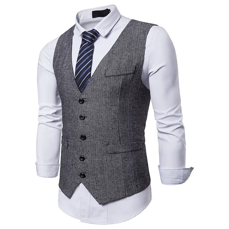 2019 Cinza Claro Colete De Casamento Rústico Do Vintage Marrom com Botões De Efeito De Couro Inverno Slim Fit Noivo Do Desgaste Do Único breasted