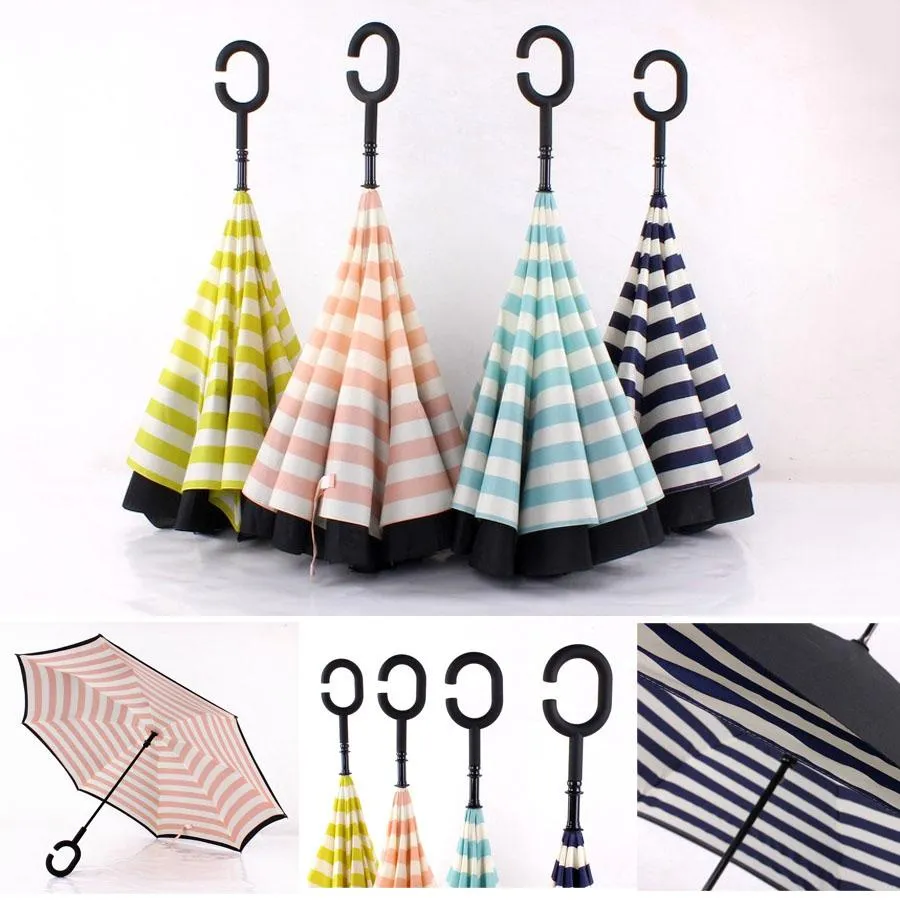 Creative Double Layer Pongee Stripe Reverse Umbrella Straight Long Handle Umbrella C-type Sun Protection Portable Umbrellas DH0882