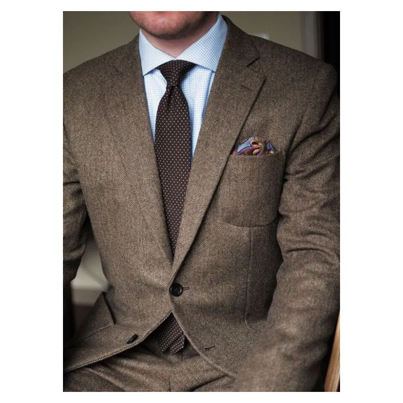 Marrom escuro Homens Ternos Harringbone Entalhado Lapela Melhor Homem Terno de Casamento Smoking Ternos Blazer dos homens Custom Made (Jacket + Pants + Tie)
