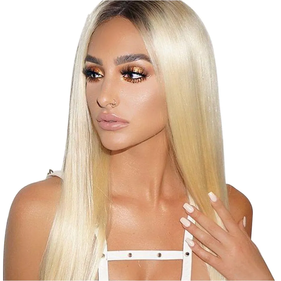 Hot Selling 180% Density Glueless Blonde Long Silky Straight Wigs Baby Hair Synthetic Ombre Blonde Lace Front Wigs For Women Heat Resistant